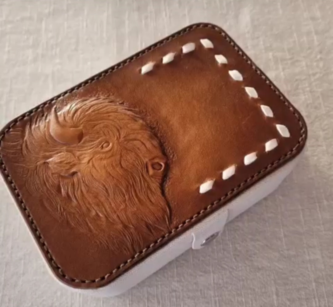 Buffalo jewellery box with handcarved leather top